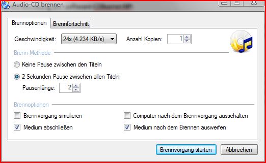 Screenshot aus dem Brennprogramm CDburnerXP